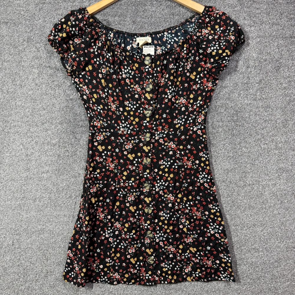 Sky and Sparrow Mini Dress Small Black Ditsy Floral Peasant Button Front